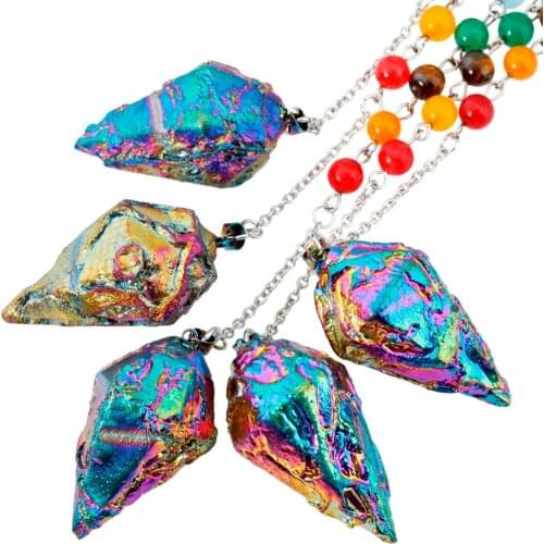 SUNYIK 1Lot (5Pc) Rainbow Titanium Crystal Quartz 7 Chakra Stone Chain Healing Point Dowsing Reiki Divination Pendulum