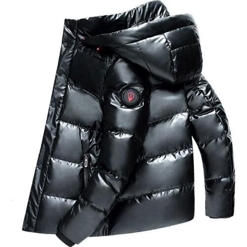 High Quality Men Winter White Duck Down Parka Thick Warm Hooded Outwear Black Glossy Mens Down Coat Mens Down Jacket