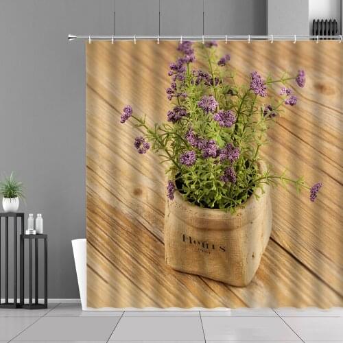 Lavender Flower Plant Printing Bathroom Shower Curtain Polyester Bathroom Screen Home Decoration Background Curtains With Hook