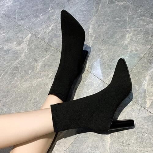 Vogue Spring Ankle Elastic Sock Boots Chunky High Heels Stretch Women Autumn Sexy Booties Pointed Toe Women Pump