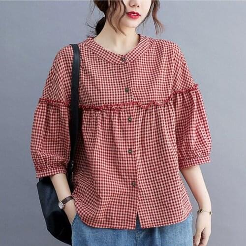 Oversized Women Cotton Linen Casual Shirts New Arrival 2021 Summer Simple Style Vintage Plaid Print Loose Female Tops S3922