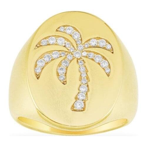 SLJELY Fashion Real 925 Sterling Silver Gold Color Palm Tree Signet Ring Micro Zirconia Stones Women Mens Luxury Brand Jewelry