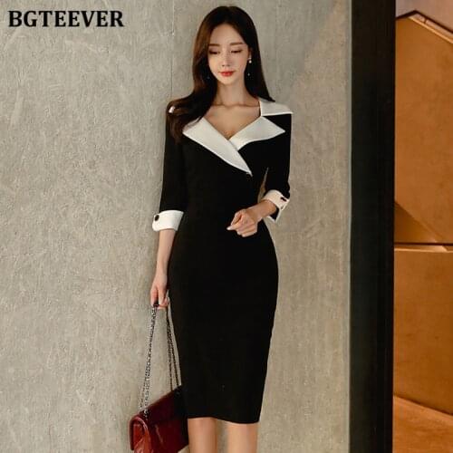 BGTEEVER OL Style Notched Collar Women Pencil Dress High Waist Patchwork Female Bodycon Dress Elegant Party Vestidos femme 2021