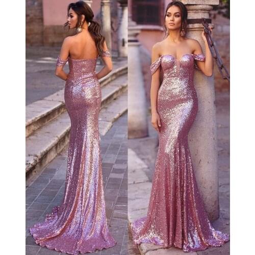 Vintage Long Sequined Off Shoulder Evening Dresses Mermaid Pink Open Back Sweep Train Robes De Mariée Party Gowns For Women
