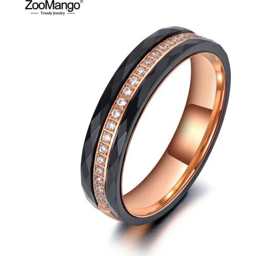 ZooMango Trendy Titanium Stainless Steel Black Ceramic Ring Jewelry Rose Gold Classic CZ Crystal Wedding Ring For Women ZR19141