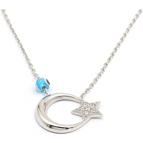 925 Sterling Silver Women Necklace with Evil Eye Design and Moon Star Symbols