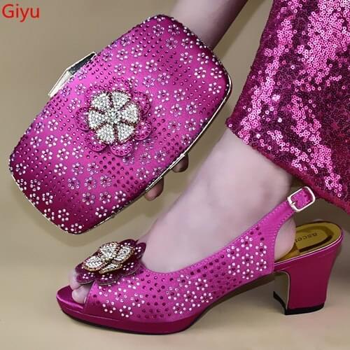 Doershow New Arrival African Wedding Shoes and Bag Set fuchsia Italian Shoes with Matching Bags Nigerian Women party HTY1-12