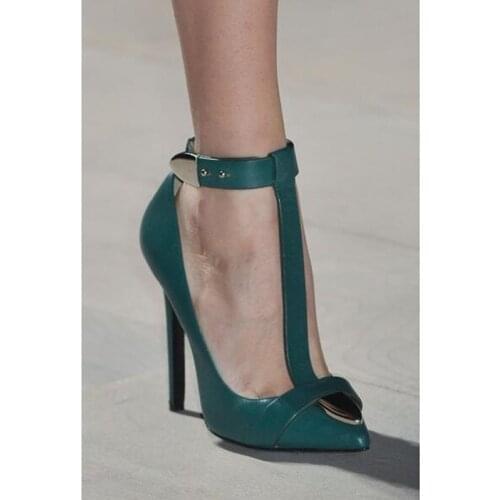 Elegant T-strap Belt Decor Green Patent Leather Pumps Pointed Toe Stiletto Heeled Banquet Dress Pumps Metal T-bar Autumn Shoes