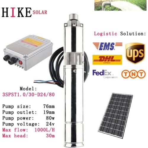 Hike solar equipment 24V 3 inch dc solar submersible deep well water pump for agriculture irrigation model: 3SPST1.0/30-D24/80