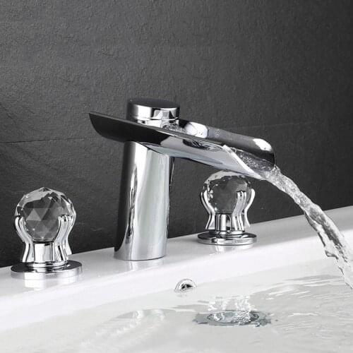 Chrome Brass Bathroom Waterfall Basin Faucet Hot & Cold Water Mixer Taps Deck Mounted 3 Hole Crystal Handle