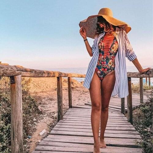 2021 Flower Print Swim Suit Sexy One Piece Swimsuit Push Up Hollow out Swimwear Women Monokini Bathing Suit Summer Beach Wear
