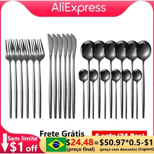 Western Cutlery Set 24 Piece Tableware Set Stainless Steel Dinnerware Black Spoon Fork Knife Dinner Set Complete Home Flatware