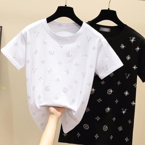2021 summer new diamond short-sleeved t-shirt women loose fashion round neck pullover all-match t-shirt women