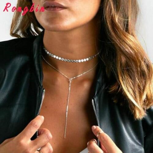 Simple Bohemian Necklace Women Gold Silver Plated Alloy Sequins Choker Maxi Necklace Crystal Collar Chocker Bijoux Jewelry