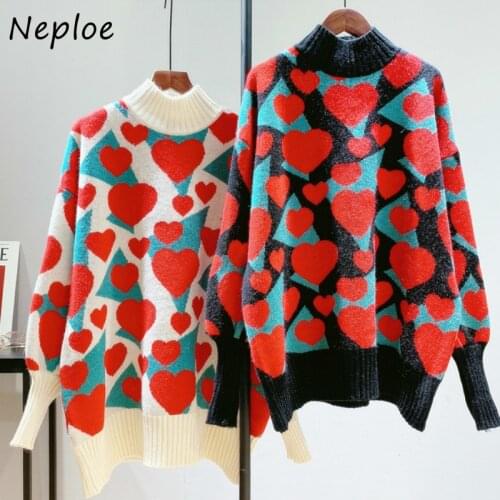 Neploe Love Heart Half Turtleneck Sweater Women All-match Femme Knitted Pullover 2021 Autumn Winter Fashion Chic New Top 1F586