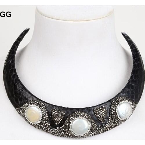 GuaiGuai Jewelry White Keshi Coin Pearl Black Leather Choker Necklace