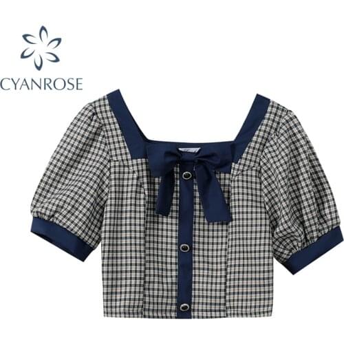 Blouse Women 2021 Summer Hot Selling Square Collar Bow Patchwork Plaid Shirt College Sweet Single-Breasted Ladies Crop Shirt Top