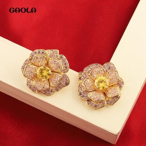 Senior Design Purple Rose Earrings Pink Flowers Earrings for Women Popular Luxury Wedding Jewelry Beautiful Gift E5728