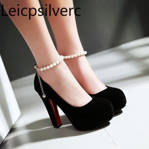 Pumps Spring and autumn The New fashion Round head Shallow mouth String Bead Thick heel High heel Womens shoes plus size 32-43