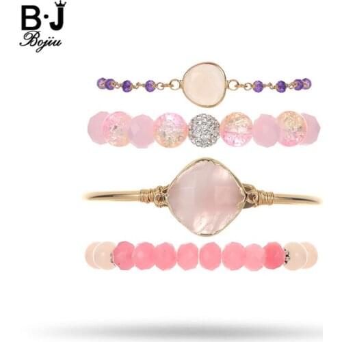 BOJIU Rose Pink Purple Crystal Bracelet For Women New Design Bracelets Bangles Summer Exquisite Bracelet Sets For Women BCSET69