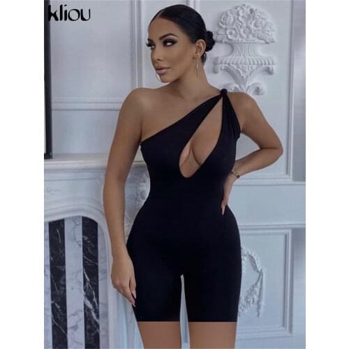 Kliou One Shoulder Cut Out Biker Shorts Rompers 2021 Sleeveless Sporty Workout Activewear Playsuits Solid Casual Women Clothing
