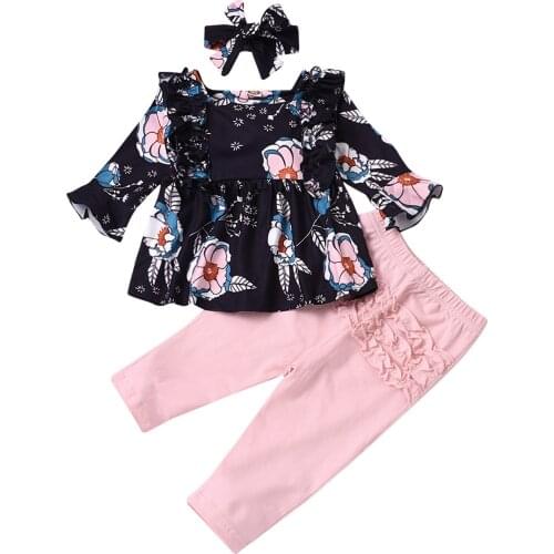 3 PCS Spring Autumn Girls Clothes Set Floral Print Long Sleeve Square Collar Tops+Solid Color Trousers+Headband for 1-5 Years