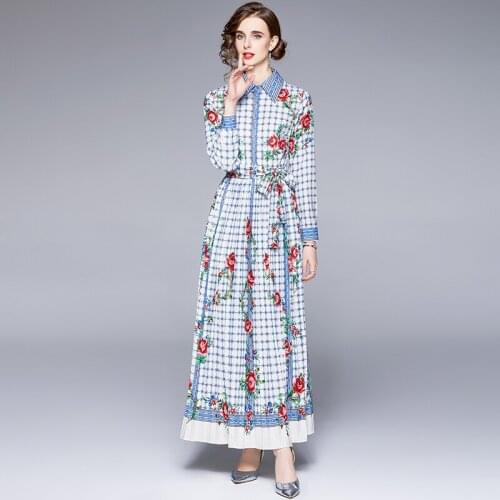 Autumn Womens Floral Vacation Maxi Dress Shirt Collar Bow Belt Lace Up Long Sleeve Flower Printed Beach Pleated Vestidos 6650