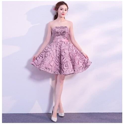 Women Sexy pink Strapless Bow Elegant Midi Formal Dress Evening Party Dress vestidos vintage robe femme