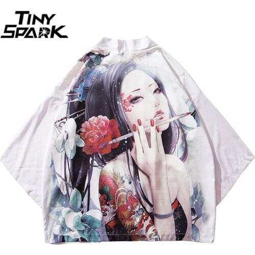 2020 Harajuku Kimono Jacket Japanese Ukiyoe Floral Geisha Tattoo Hip Hop Men Streetwear Jacket Coat Summer Thin Gown Japan Style