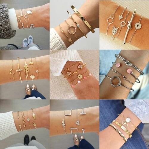 4 Pcs/set 2019 New Design Cuff Bracelet Rhinestone Gold Geometry Bangles For Women Fashion Vintage Luxury Jewelry kajdanki