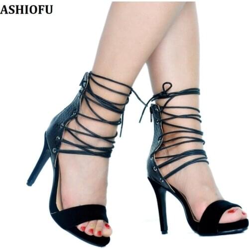 ASHIOFU Handmade Womens High Heel Sandals Shoelace Ankle Straps Party Prom Shoes Large Size Fashion Sandals Shoes