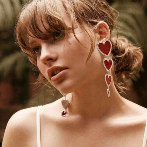 Elegant Red Enamel Oil Drip Gold Hearts Long Earrings Love Tassel Dangle Earrings For Women Fashion Trendy Jewelry