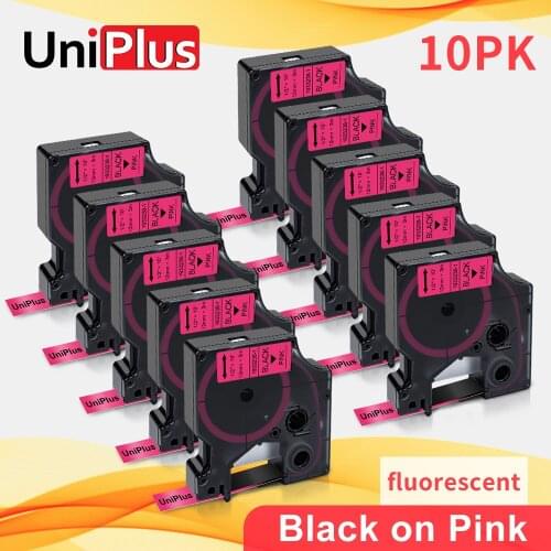 UniPlus 10PK Fluorescent Labeling Tape 12mm Compatible Dymo Tape D1 Black on Pink for Dymo Label Maker LabelPoint 300 350 200