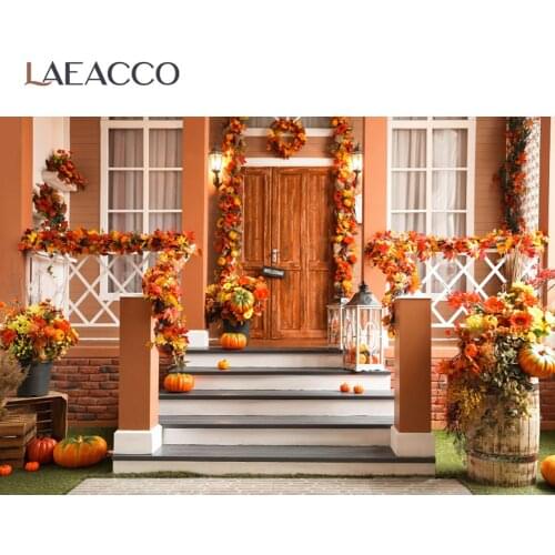 Laeacco Rural Farm Porch Staircase Yard Autumn Pumpkin Yellow Maples Interior Photographic Backdrop Photo Background Photocall