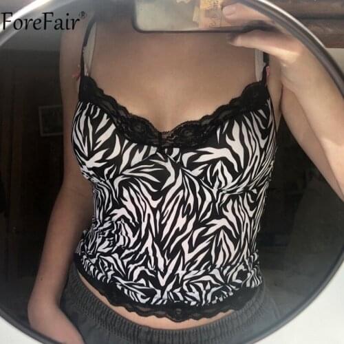 Forefair 2021 Sexy Black V Neck Crop Top Lace Backless Print Patchwork Sleeveless Spaghetti Strap Women Tank Top Summer Casual