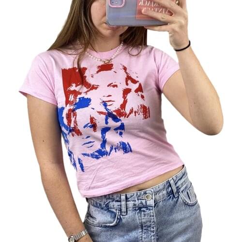 Women’s Summer Short Sleeve T-shirt Fashion Portrait Printing Slim Fit Exposed Navel Tops Tanks