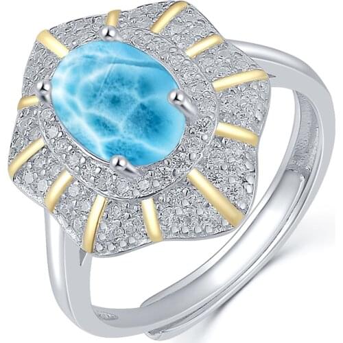 1.25ct Oval cabochon larimar ring dominican republic Two Tone Plated with 14K Yellow Gold Plated Silver Natural Larimar Ring