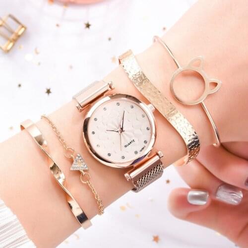 Fashion 5pcs Set Women Watches Luxury Magnet Buckle Flower Rhinestone Watch Ladies Quartz Wrist Watch Bracelet Set Reloj Mujer
