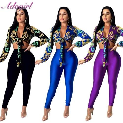 Sexy Fashion Summer Women Two Pieces Sets Print Tie Up Cropped Top Pencil Pants Slim Suit Female Lady Long Sleeve Shirts Pants