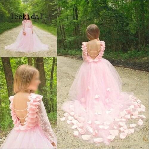 Fantastic Backless Girls Pageant Gowns Long Sleeves Tulle Princess Festival Party Dresses Pink Flower Girls Lace Dresses Gowns