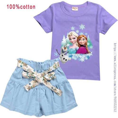 2021 Baby Girl Summer Suit Short-sleeved Childrens Clothes 2-15 Years Old Kids Frozen Prinetd Tops + Shorts Set Casual Outfits