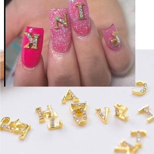 Nail Art Metal Rhinestones Gold 3D Charm Letters 10pcs A-Z Alphabet Nail Art Jewelry 26 Letter Alphabet Nail Charms (A to Z)