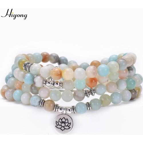 HIYONG Fashion Polishing Amazonite 108 Mala Beads Bracelet or Necklace OM Lotus Buddha Life Tree Pendant Yoga Bracelet Jewelry