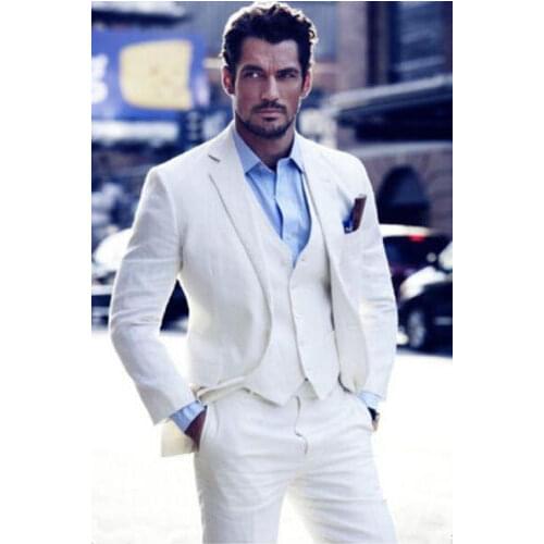 Summer White,Ivory Linen Men Suits 2018 Wedding Slim Fit Groom Tuxedo Handsome Best Men Blazer 3 Pieces Jacket+Pants+Vest