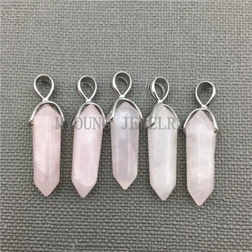 MY0290 Natural Pink Crystal Quartz Spike Point Pendant, Healing Stone Pillar Pendant Pendulum Shape with Silver Plated Bail