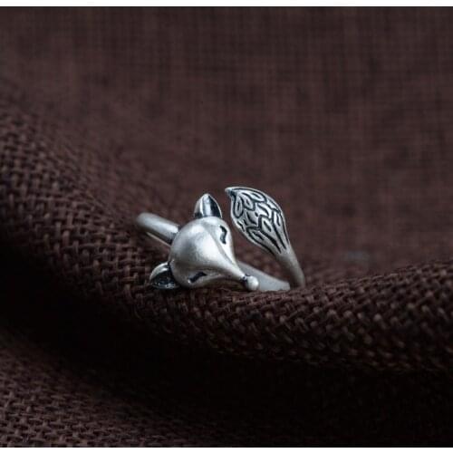 Real S990 Sterling Silver Retro Craft Fashion Open Fox Ring Exquisite Commemorative Party Jewelry