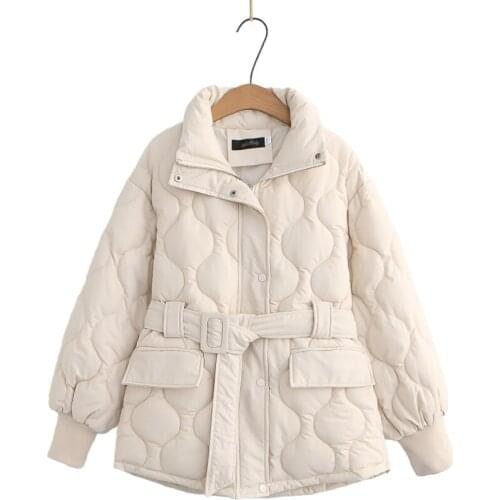 Solid Casual Warmness Coats With Sashes Women 2020 Winter Beige Pocket Waist Casual Female Parka Outwear