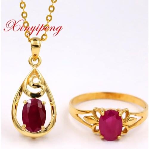 Xin yi peng 18 k yellow gold inlaid natural ruby ring necklace suits, women, simple and easy, engaged a wedding gift
