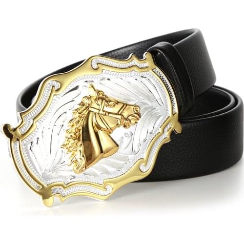 Western cowboy leather belt Horsehead zinc alloy leather belt Silver gold mens high-grade belt