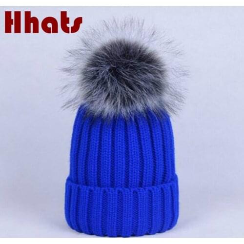 Parent-child faux fox fur winter hat outdoor thick warm fur pompom bobble knitted hat cap fashion girl skullies beanies bonnet
